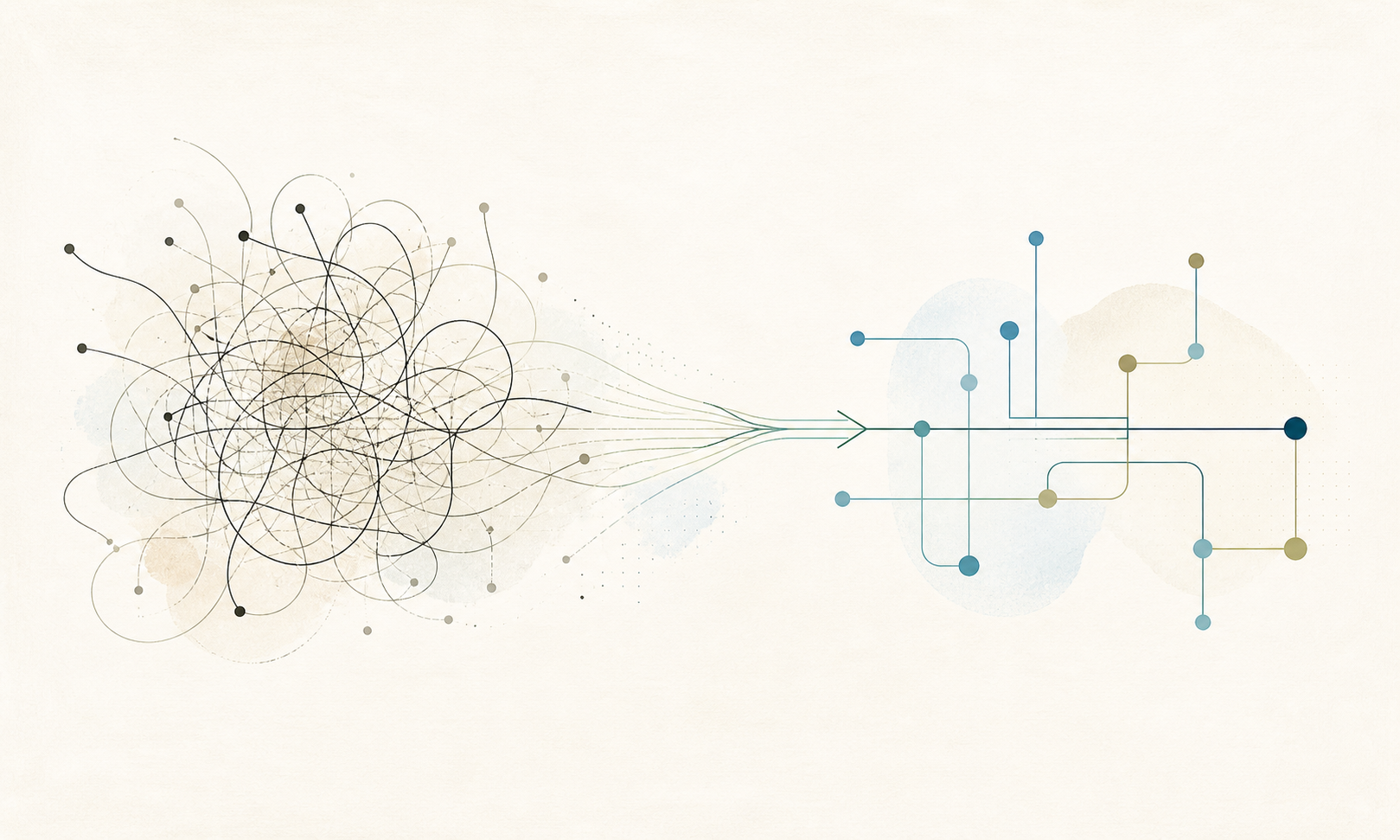Abstract illustration of a tangled system becoming a clear organized network